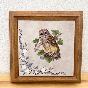 Vintage Owl Decorative Ceramic Tile Framed Art Wall Decor